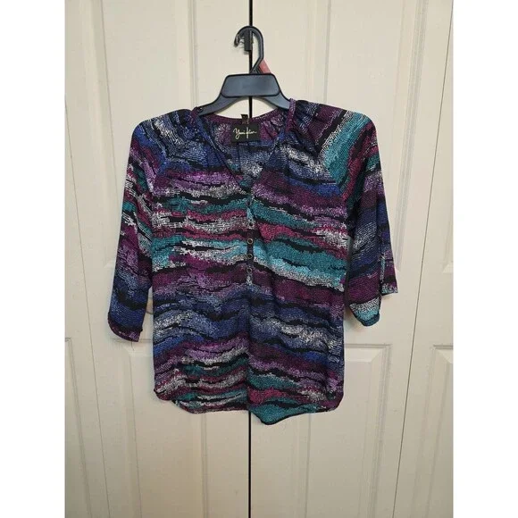 Yumi Kim Multicolor Abstract Print Blouse Women’s Size S Long Sleeve Top - Picture 2 of 13